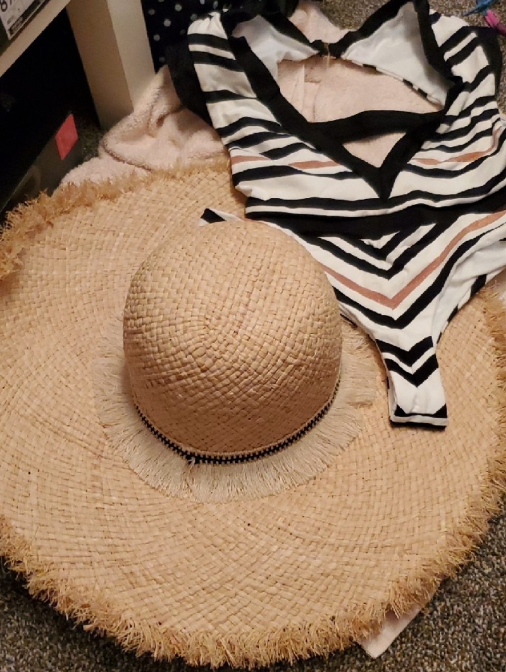 Express Natural Straw Wide-Brim Beach Hat with Black Trim